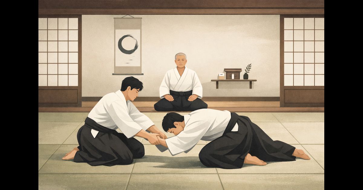 Ilustracja dojo: jeden nauczyciel w tle i dwóch ćwiczących aikido na pierwszym planie